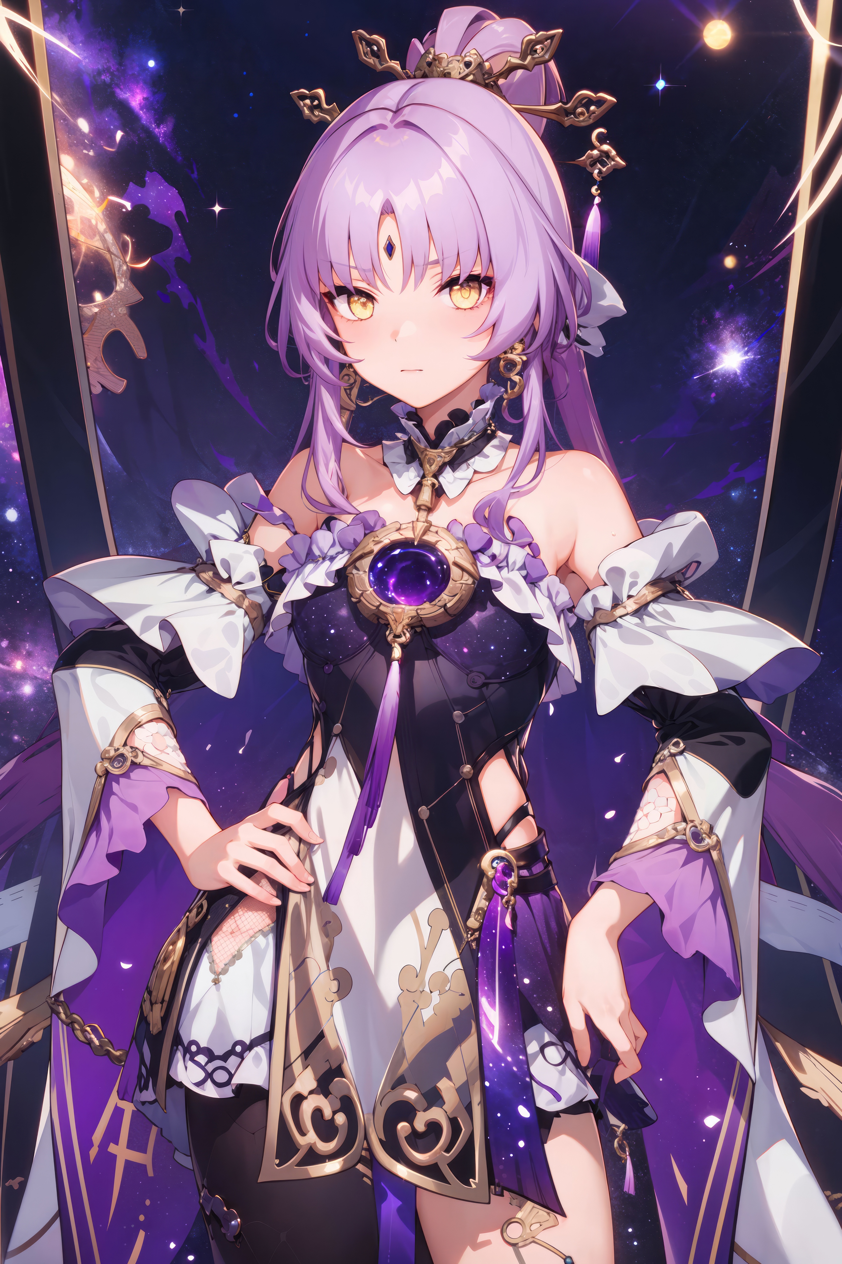 02555-4185244667.0-1GIRL, OFFICIAL, YELLOW EYES,_PURPLE HAIR, BARE SHOULDERS, DETACHED SLEEVES, HAIR ORNAMENT,hand on hip,__galaxy-topaz-enhance-4096h.jpeg